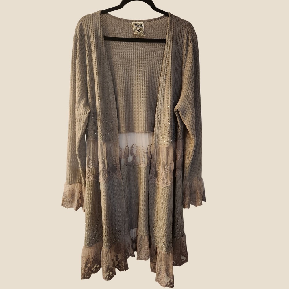 Vocal Mocha Waffle Knit & Sheer Lace Crystal Embellished Duster Cardigan 3XL